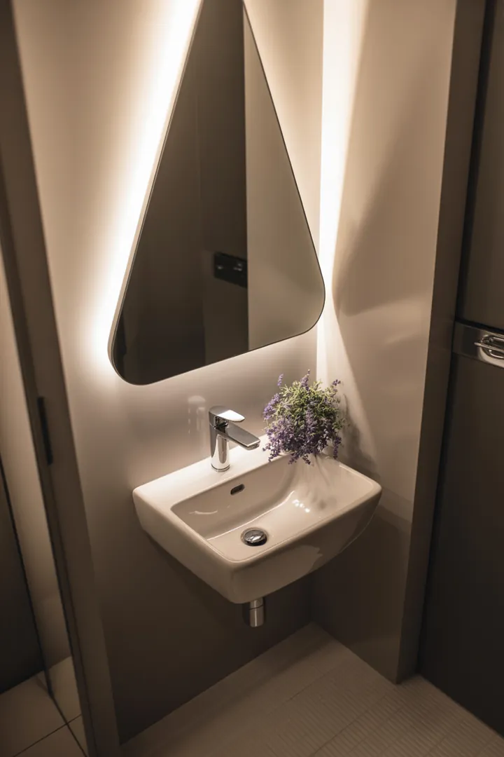Minimalistisch gestalteter Raum mit cleveren Möbelideen und hellen Farbtönen, um einen kompakten Sanitärbereich optisch zu erweitern und stilvoll zu dekorieren.