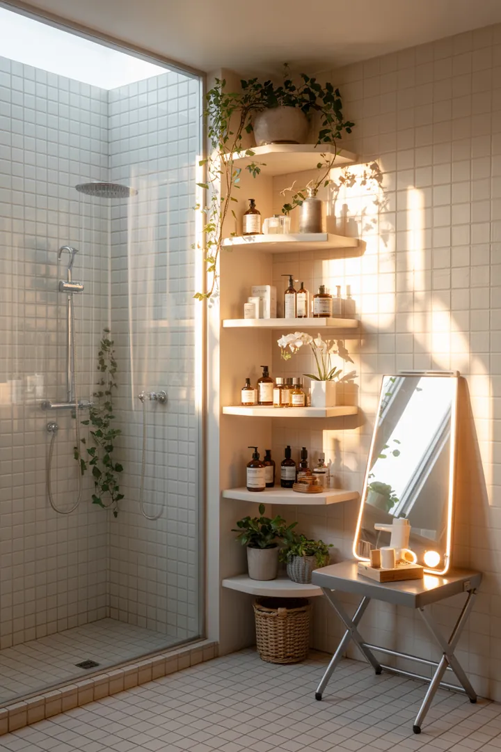 Ein stilvolles, kompakt gestaltetes Bad mit modernen Möbeln, hellen Farben und cleveren Aufbewahrungslösungen, die den Raum großzügiger wirken lassen.