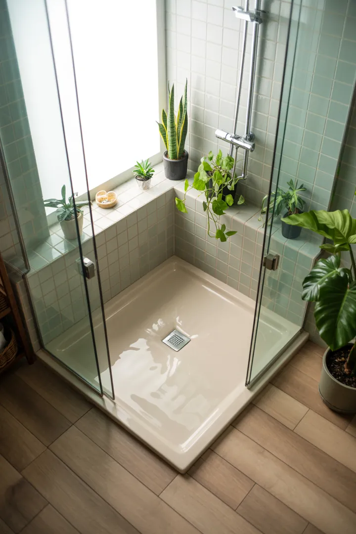 Ein stilvolles, kompaktes Badezimmer mit cleveren Einrichtungslösungen, die den Raum optimal nutzen und eine luftige Atmosphäre schaffen.