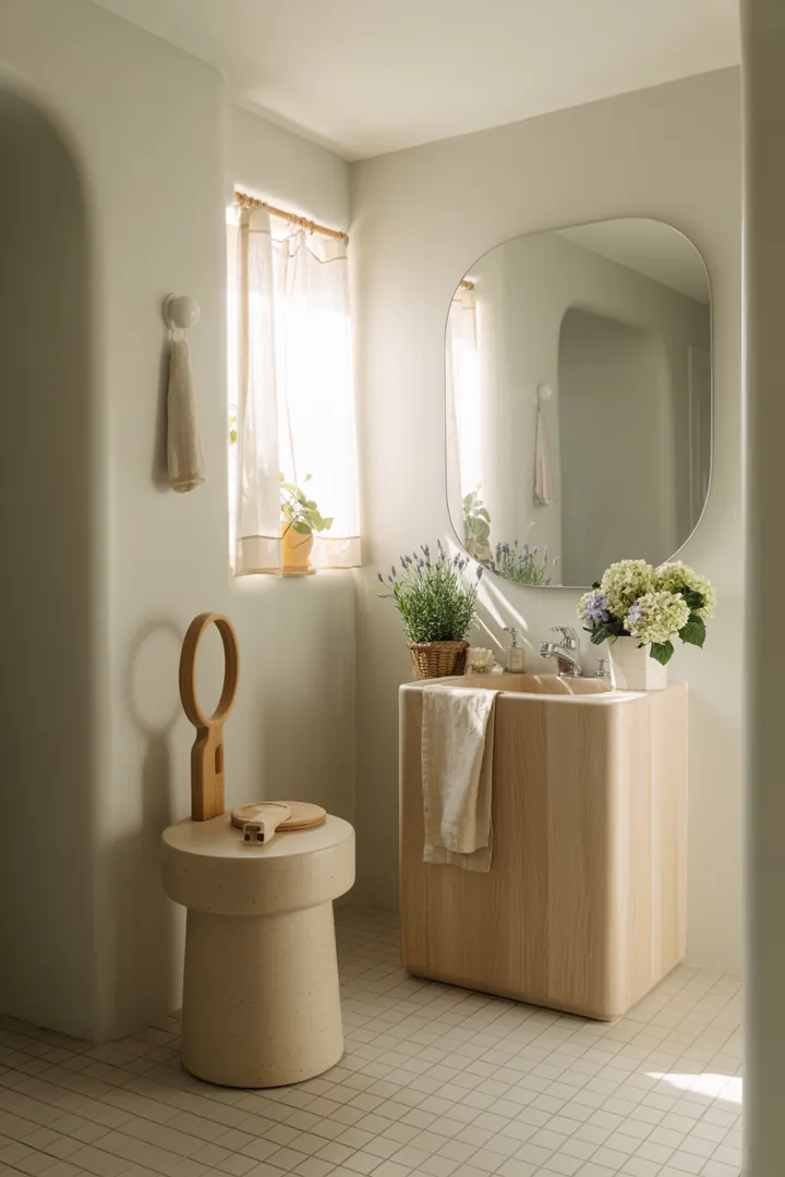 Ein stilvolles, gut organisiertes kleines Badezimmer mit cleveren Möbeln und hellen Farbtönen, das optimalen Raum nutzt und eine einladende Atmosphäre schafft.