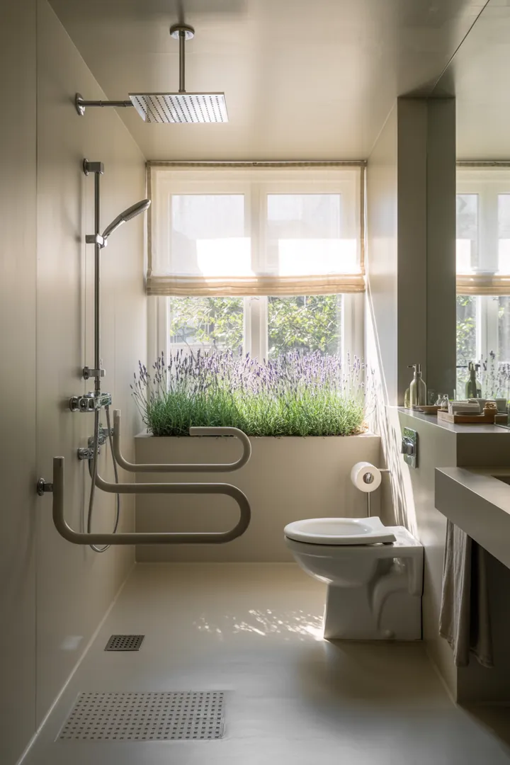 Bild eines geschmackvoll gestalteten kompakten Sanitärraums mit cleveren Möbeln und hellen Farben, die den Raum offen und einladend wirken lassen. Inspirierende Gestaltungsideen für kleine Räume.