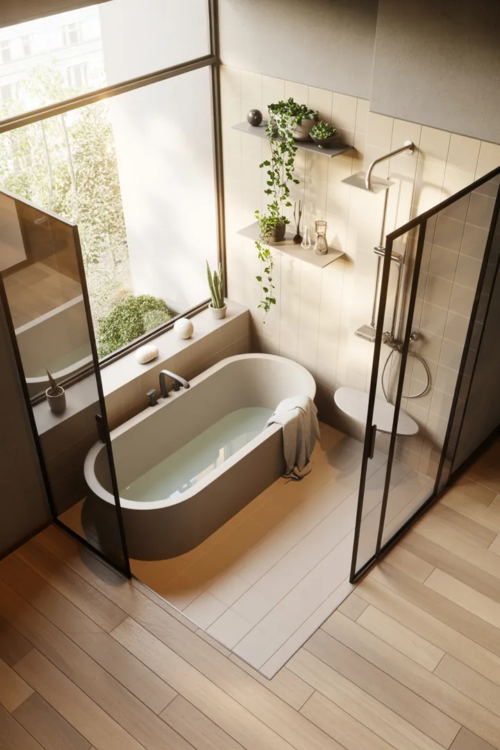 Ein stilvolles kleines Badezimmer mit modernen Möbeln, hellen Farben und cleverer Raumnutzung, das eine einladende Atmosphäre schafft und Platz effizient nutzt.