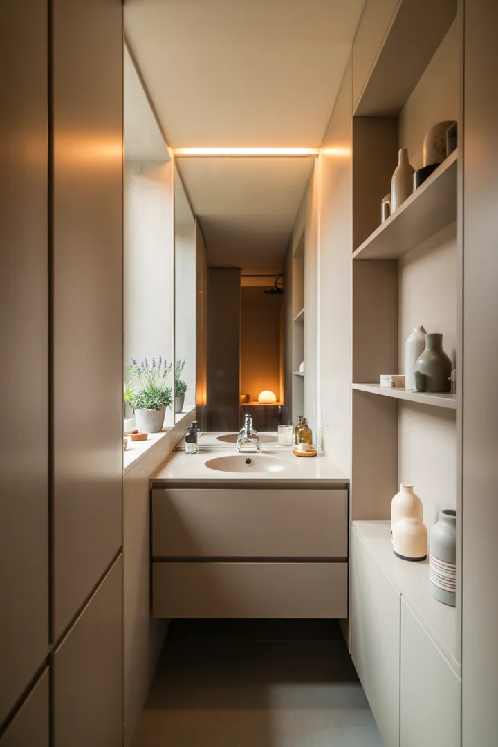 Moderne Gestaltung eines kompakten Raums mit cleveren Möbeln und hellen Farben, die optisch mehr Weite schaffen und innovative Ideen für kleine Badezimmer präsentieren.