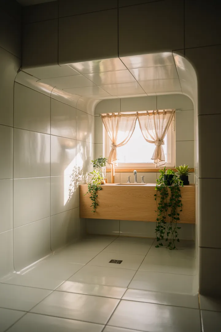 Ein stilvoll gestalteter Raum mit cleveren Möbeln, der durch helle Farben und innovative Lösungen ein kleines Badezimmer größer und einladender erscheinen lässt. Ideal für kreative Ideen zur Umgestaltung.