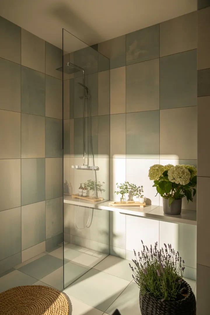 Ein stilvolles und funktionales kleines Badezimmer mit modernen Möbeln und hellen Farben, das geschickt Platz nutzt und eine einladende Atmosphäre schafft.