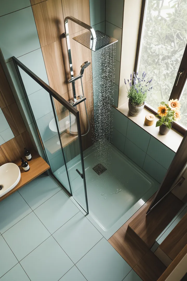 Ein stilvolles, gut organisiertes Badezimmer mit hellen Farben, cleveren Möbeln und durchdachten Lösungen, die den Raum größer und einladender erscheinen lassen.