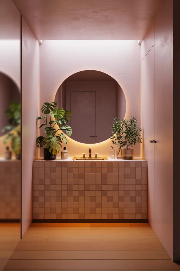 Ein stilvolles, kompaktes Badezimmer mit hellen Farben, cleveren Stauraumlösungen und modernen Accessoires, das eine einladende Atmosphäre schafft.