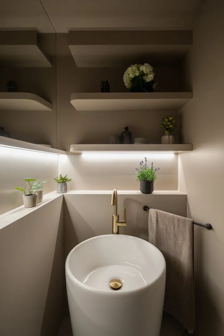 Modernes, stilvolles kleines Badezimmer mit cleveren Einrichtungsideen, die den Raum größer erscheinen lassen und natürliche Farben nutzen.