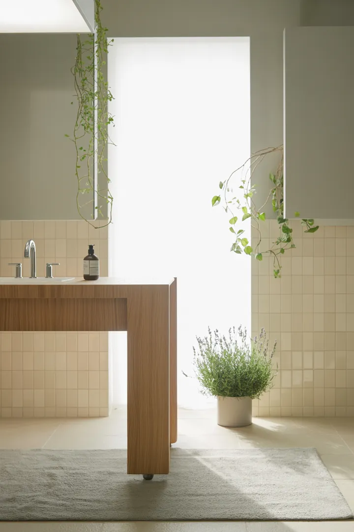 Stylisches und funktionales Design für ein kompaktes Badezimmer, das mit cleveren Möbeln und hellen Farben einen geräumigen Eindruck vermittelt.