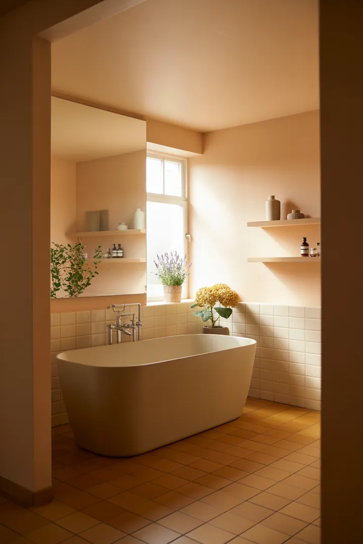 Ein stilvolles, kompaktes Badezimmer mit cleverer Raumnutzung, sanften Farben und modernen Möbeln, das ansprechende Ideen zur Umgestaltung bietet.