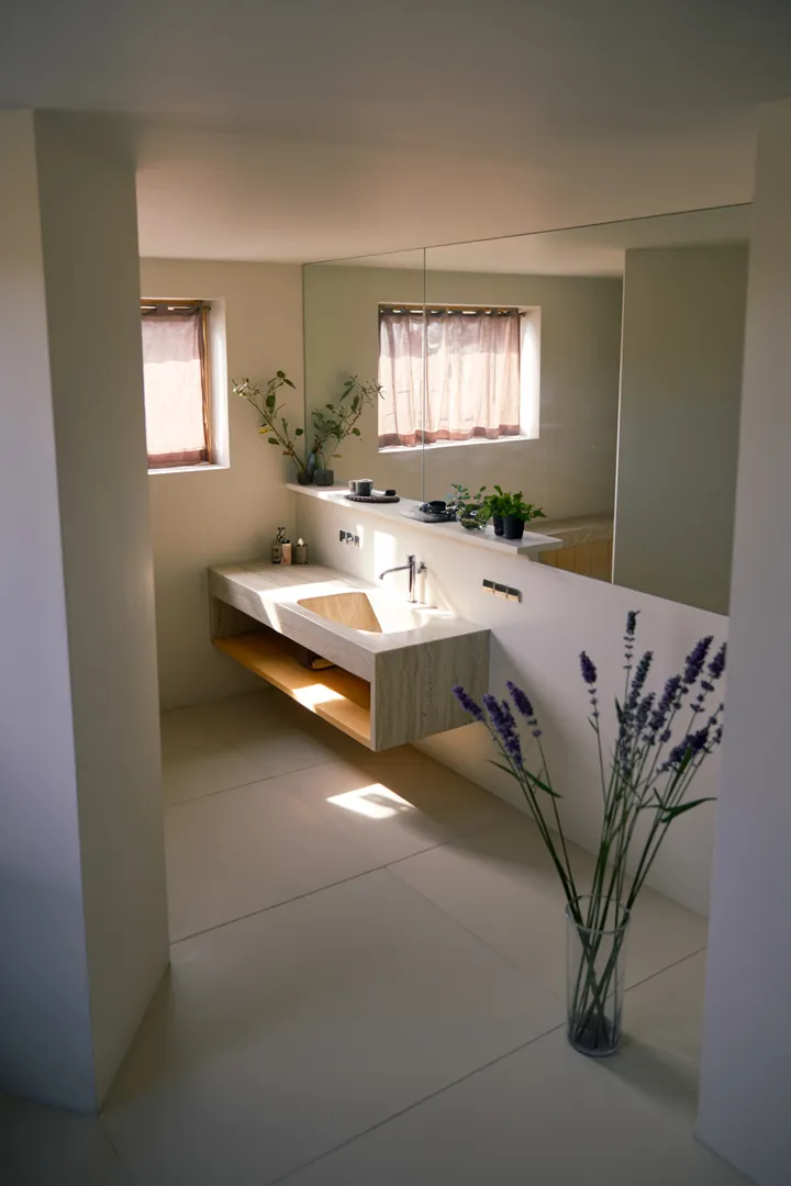 Ein stilvolles, kompaktes Badezimmer mit cleveren Designlösungen und hellen Farben, das Raum optimal nutzt und einladend wirkt.