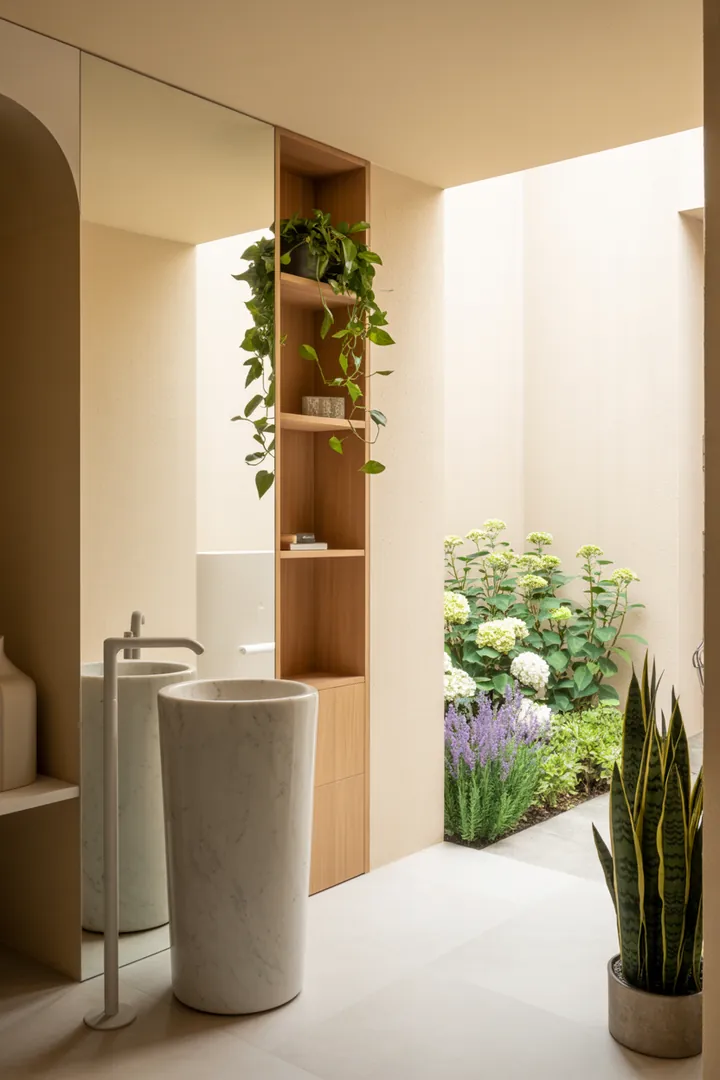 Eine stilvolle Umgestaltung eines kompakten Raums mit hellen Farben, cleveren Möbeln und funktionalen Lösungen, die das Raumgefühl erweitern und inspirierende Ideen für kleine Badezimmer bieten.