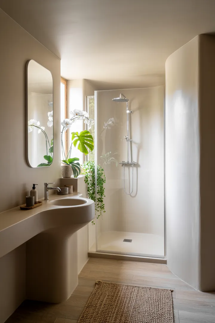 Kreative Gestaltungsideen für ein kompaktes Badezimmer, das durch clevere Farbwahl und Möbelanordnung großzügiger wirkt.