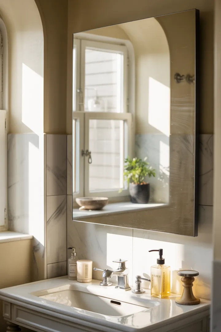 Ein stilvolles, kompakt gestaltetes Badezimmer mit cleveren Möbeln, hellen Farben und funktionalen Lösungen, die den Raum offen und einladend wirken lassen.