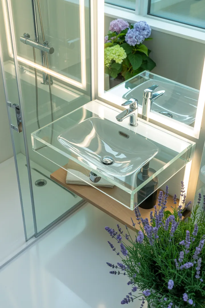 Ein stilvolles, modernes kleines Badezimmer mit cleveren Möbeln, hellen Farben und innovativen Gestaltungsideen, die den Raum größer und einladender erscheinen lassen.