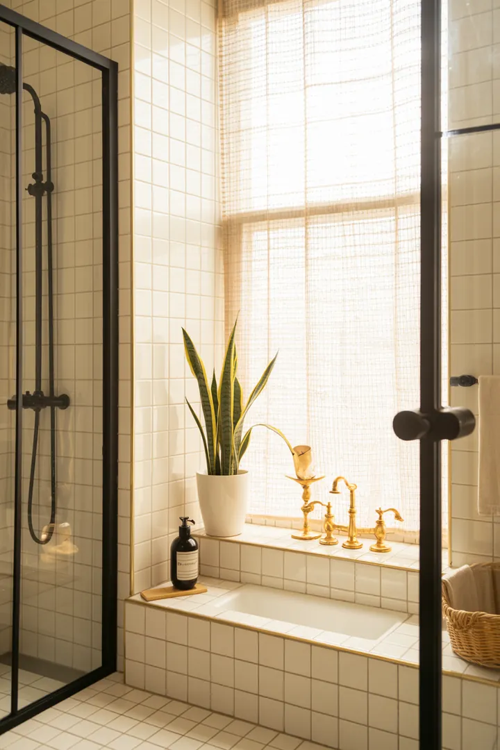 Ein stilvolles und kompaktes Bad mit eleganten Fliesen, modernen Armaturen und cleverer Raumnutzung, ideal für kleine Wohnräume.