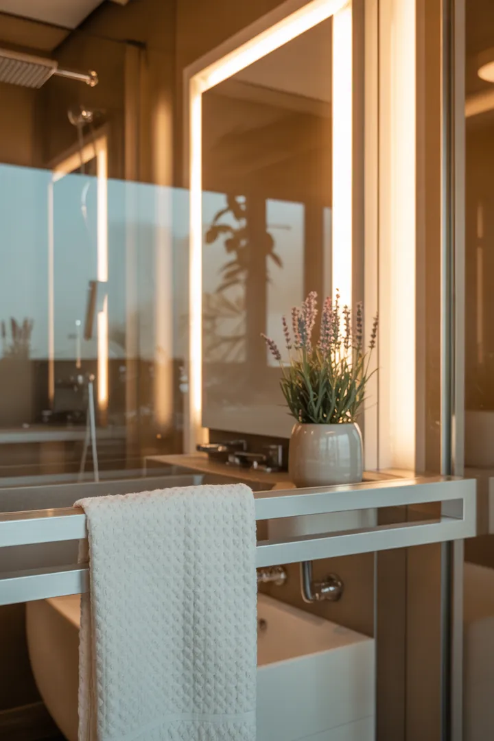 Ein stilvolles, kompaktes Bad mit eleganten Armaturen, hellen Fliesen und cleveren Stauraumlösungen für eine zeitgemäße Atmosphäre.