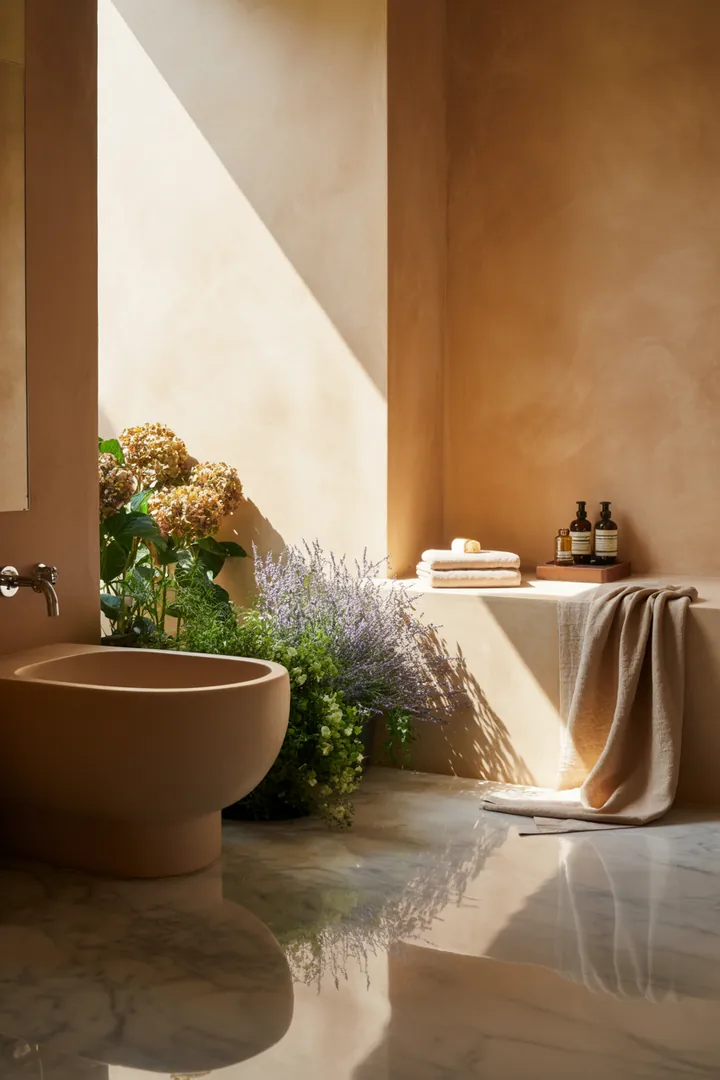 Ein stilvoll gestalteter Raum mit eleganten Armaturen, hellen Fliesen und cleveren Stauraumlösungen, ideal für moderne kleine Badezimmer.