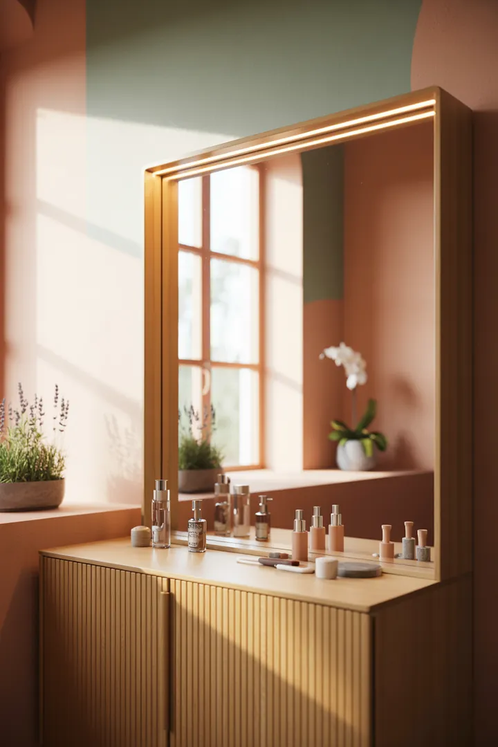 Ein stilvolles und funktionales Badezimmer mit eleganten Armaturen, hellen Fliesen und cleveren Stauraumlösungen, das modernes Design in kleinem Raum zeigt.