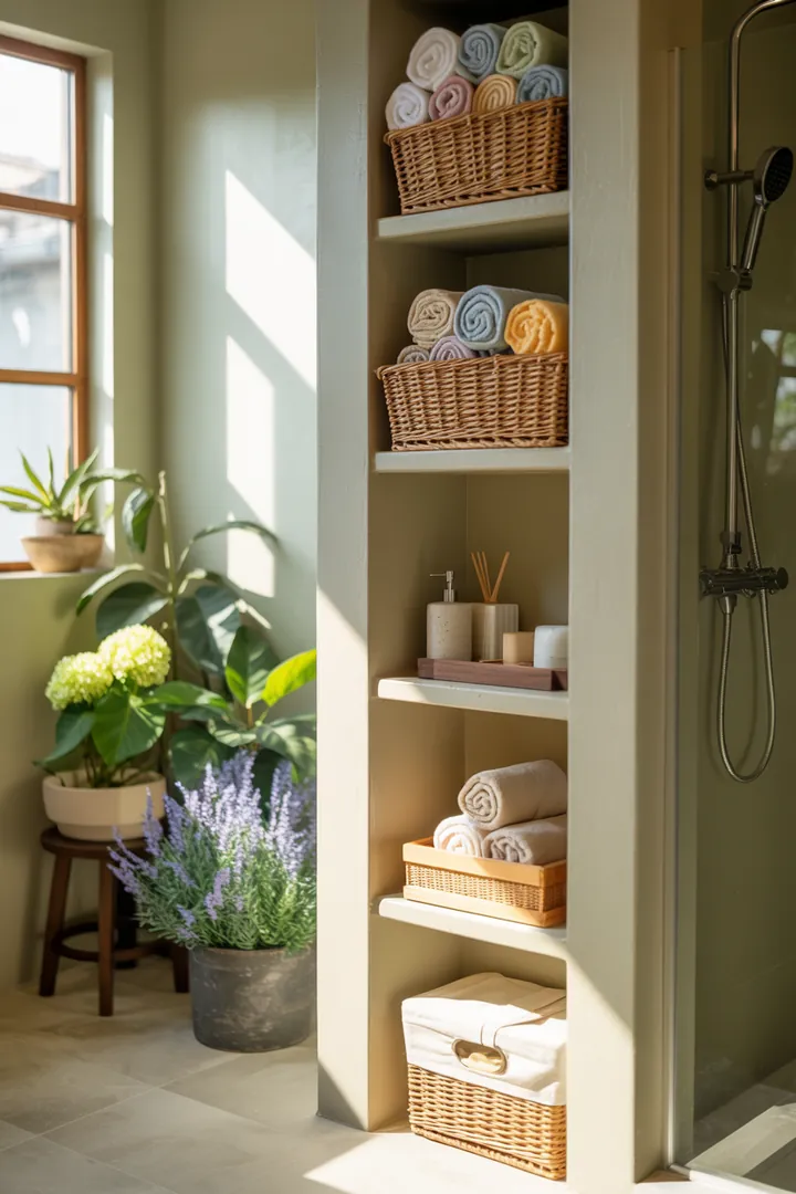 Ein stilvolles und funktionales Badezimmer mit zeitgemäßen Elementen, das cleveren Stauraum und inspirierende Designideen für kleine Räume bietet.