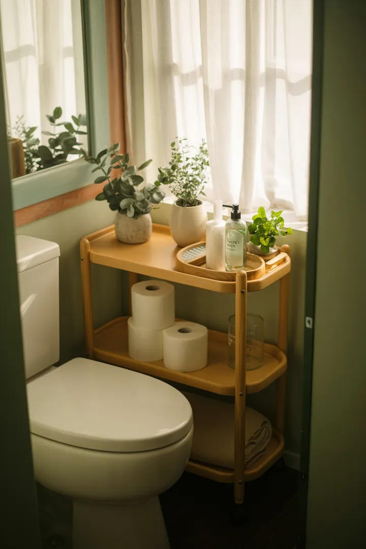 Ein stilvolles, kompaktes Badezimmer-Design mit cleveren Möbeln und natürlichen Farbtönen, das den Raum offen und einladend erscheinen lässt. Inspirierende Ideen für die Umgestaltung eines kleinen Bades.