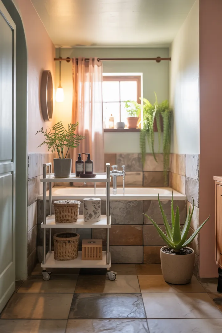 Ein stilvolles und funktionales Raumkonzept für eine kompakte Sanitäranlage, das durch geschickte Farbwahl und Möbelanordnung eine luftige Atmosphäre schafft.