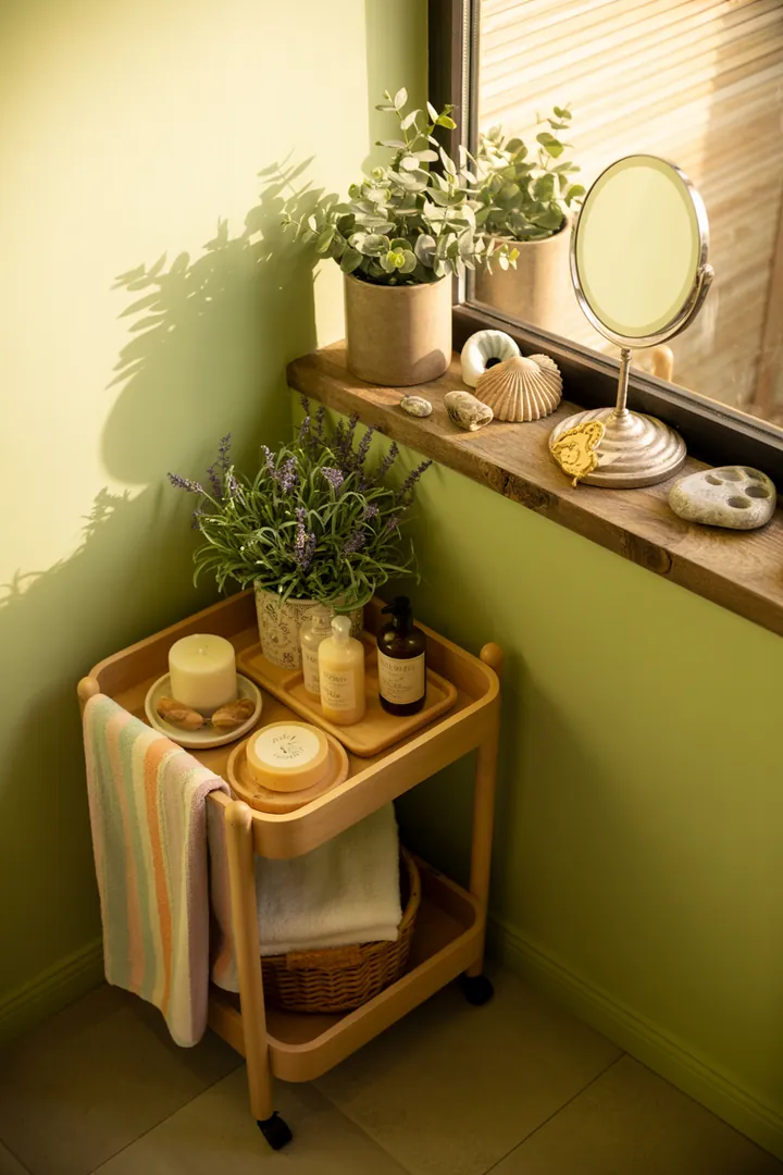 Eine harmonische Gestaltung eines kompakten Raums mit hellen Tönen und funktionalen Möbeln, die Raumgefühl und Stil vereinen.