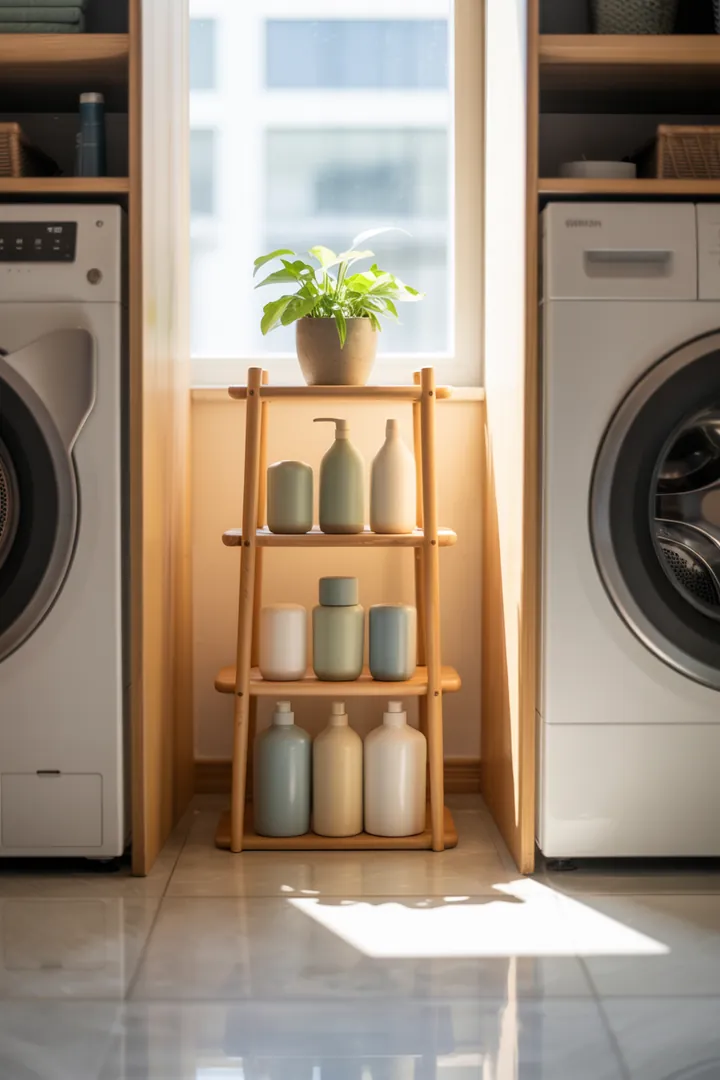 Ein stilvolles, funktionales Badezimmer mit cleveren Möbeln und hellen Farben, das Platz optimal nutzt und eine einladende Atmosphäre schafft.