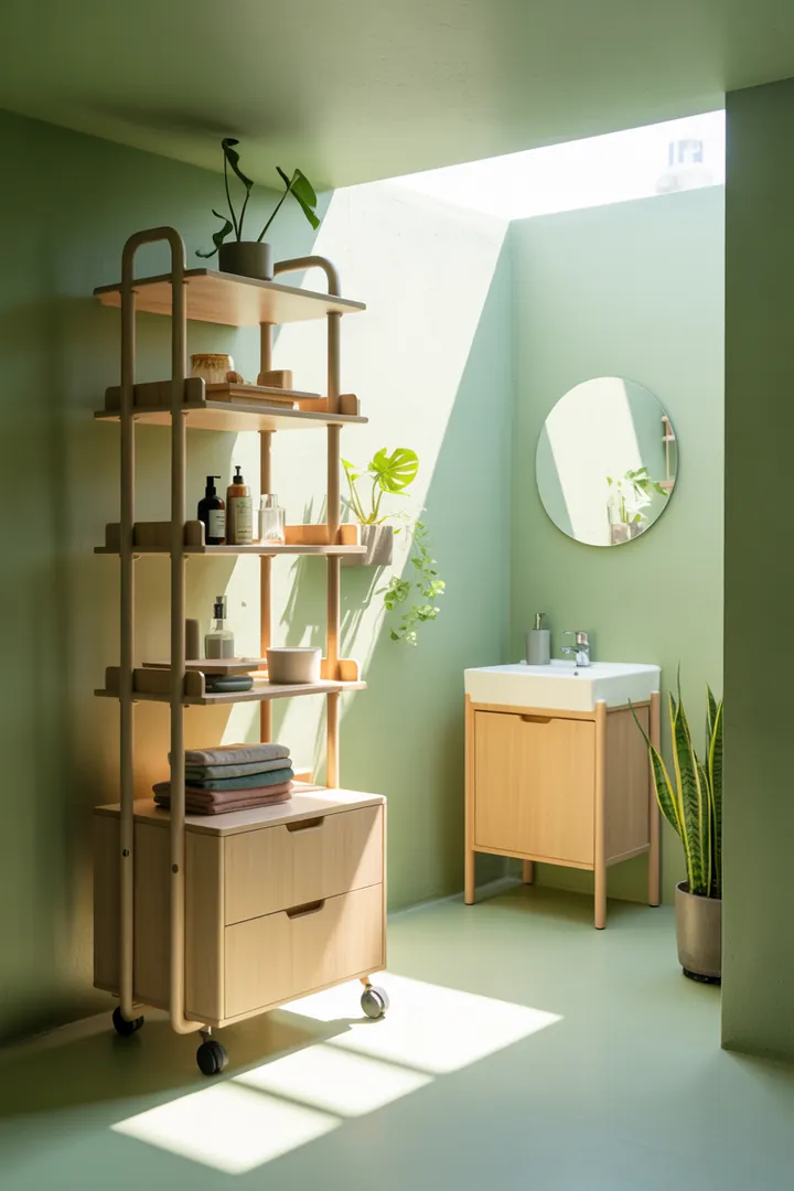 Ein stilvoll gestalteter Raum mit cleveren Lösungen zur Optimierung des Platzes, der hellen Farbpalette und modernen Möbeln, um ein kompaktes Sanitärum einladend und geräumig erscheinen zu lassen.