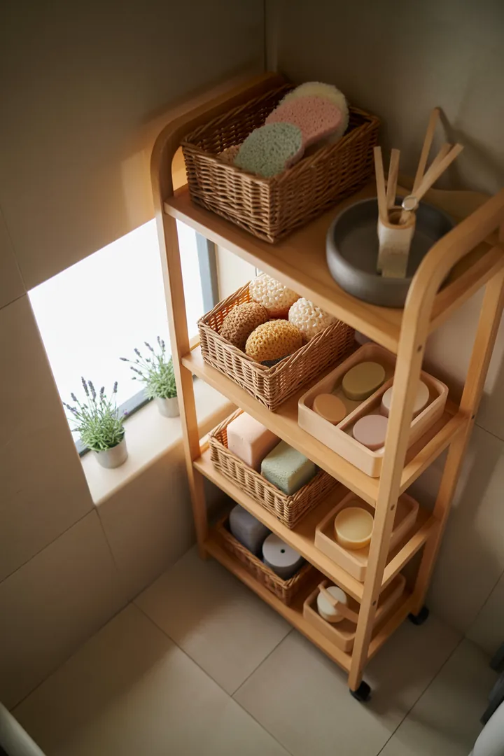 Helle, moderne Gestaltung eines kompakten Raumes mit cleveren Möbeln und natürlichen Farbtönen, die eine einladende Atmosphäre schaffen und Platz optimal nutzen.