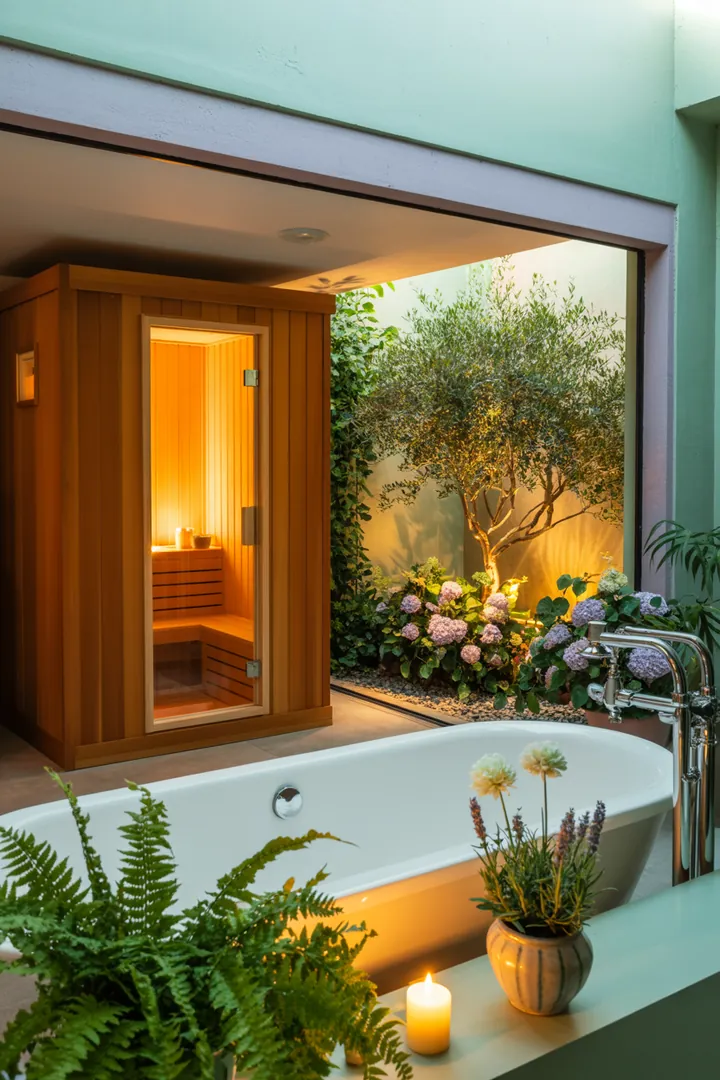 Ein entspannender Raum mit Holzverkleidung, in dem eine Heizvorrichtung für Wärme sorgt und eine Wohlfühloase im Badezimmer schafft. Ideal für Erholung und Wellness.