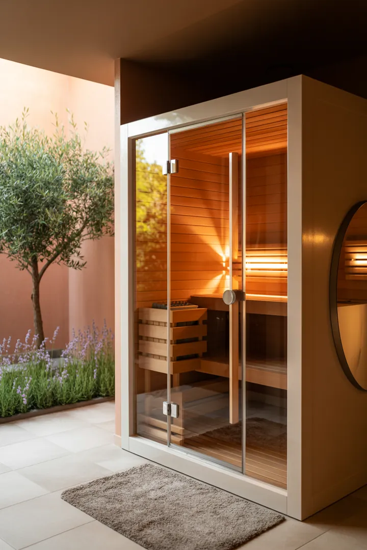 Entspannender Rückzugsort mit warmen Holzelementen, ideal für Wellness und Erholung im heimischen Badezimmer. Perfekte Atmosphäre für eine Sauna im Bad.