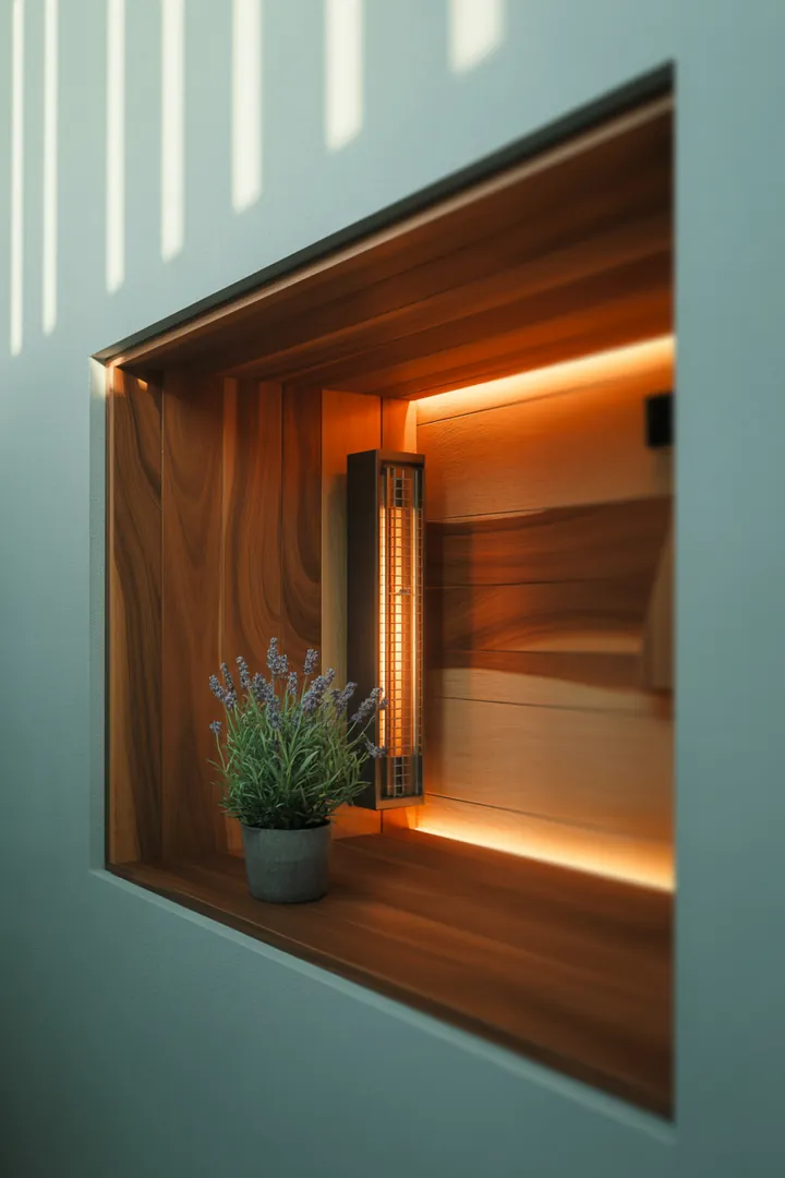 Ein gemütlicher Wellnessbereich mit einer modernen Wärmebehandlung, ideal für Entspannung und Gesundheit, perfekt für eine Sauna im Bad.