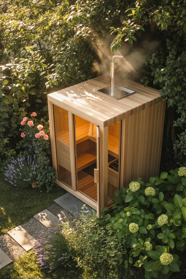 Entspannte Wellness-Oase mit Holzvertäfelung, Dampf und warmem Licht, ideal für eine Auszeit im Bad. Perfekte Sauna-Atmosphäre für Erholung.