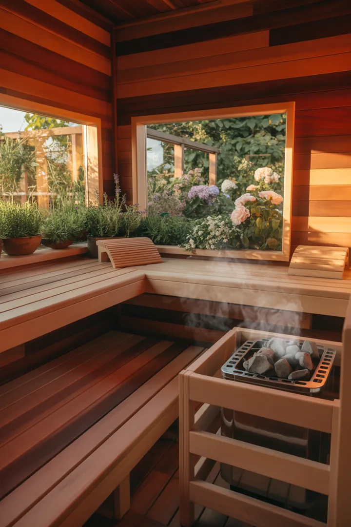 Entspannungsoase mit holzgetäfeltem Raum, dampfender Wärmequelle und sanfter Beleuchtung – ideal für Wellness im eigenen Badezimmer.