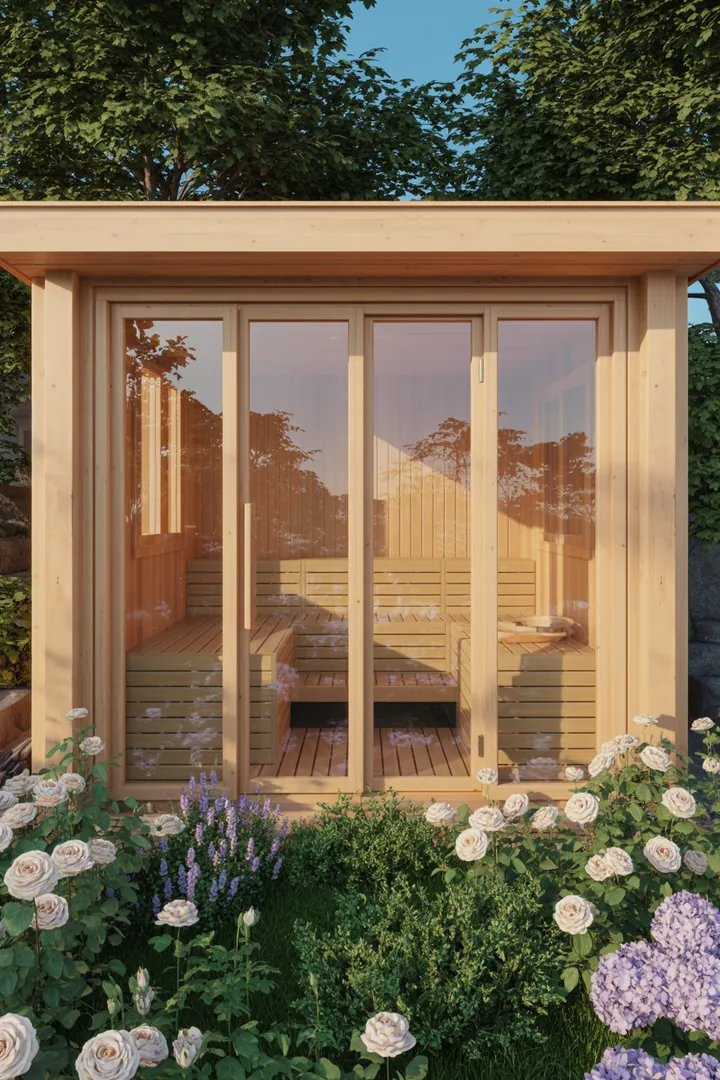 Entspannende Wellness-Oase mit holzgetäfeltem Raum, dampfender Wärme und gemütlicher Atmosphäre für erholsame Momente im Bad. Ideal für Erholung und Rückzug.