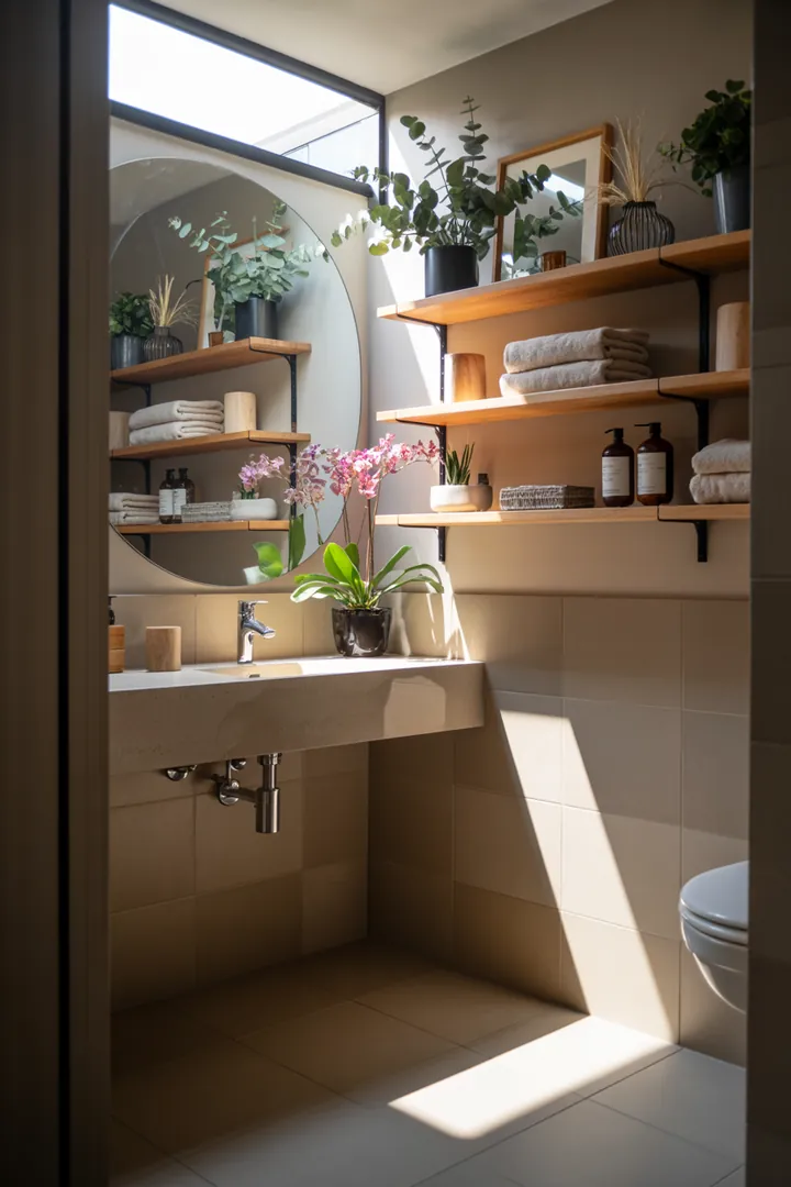 Ein stilvolles und funktionales Badezimmer mit cleveren Aufbewahrungslösungen, hellen Farbtönen und modernen Möbeln, die Raum großzügig wirken lassen.