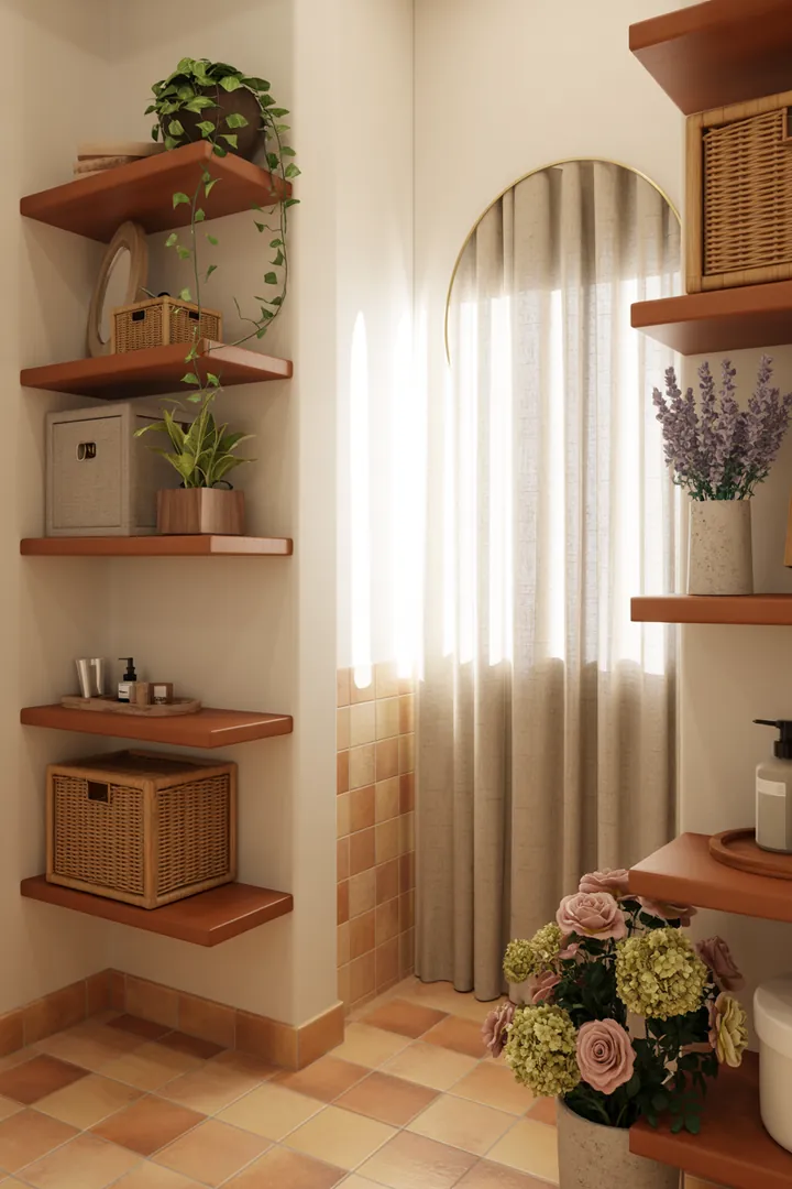 Kreative Umgestaltung eines kompakten Raumes mit modernen Möbeln, hellen Farben und cleveren Ideen, um ein gemütliches Ambiente im kleinen Badezimmer zu schaffen.