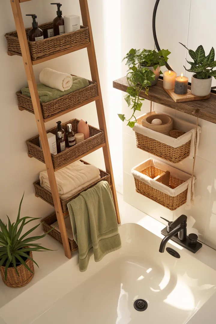 Ein stilvolles, kompaktes Badezimmer mit cleveren Einrichtungslösungen und hellen Farben, die den Raum offen und einladend wirken lassen.