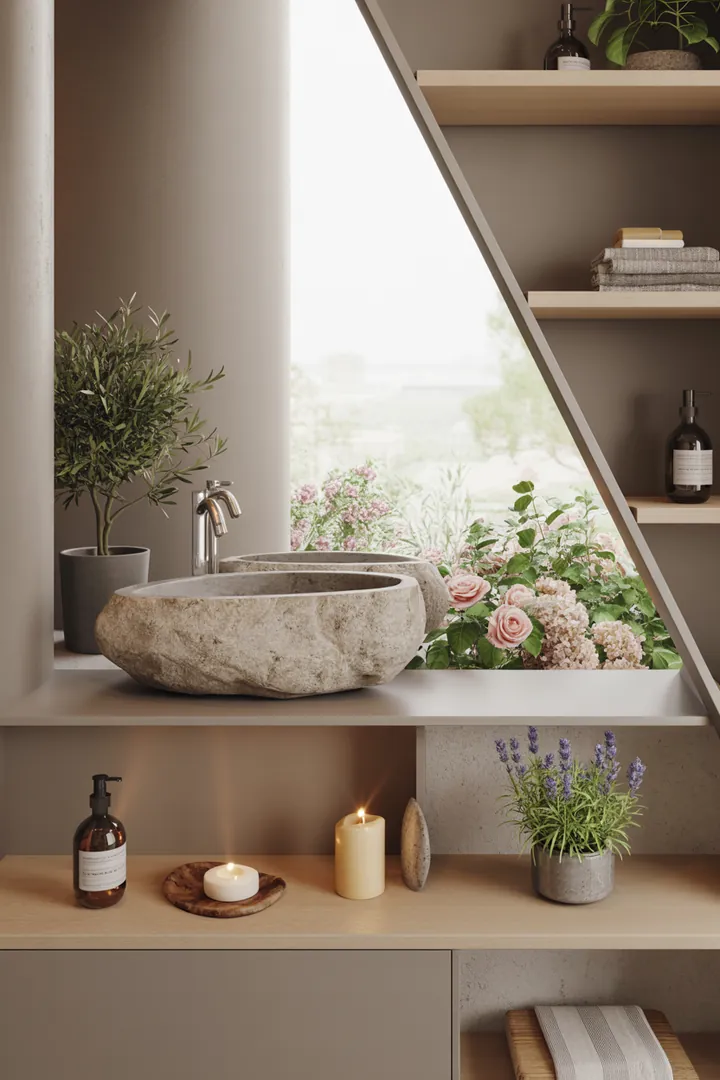 Stilvolle Gestaltung eines kompakten Badezimmers mit cleveren Möbelstücken und natürlichen Farbtönen für ein luftiges Ambiente.