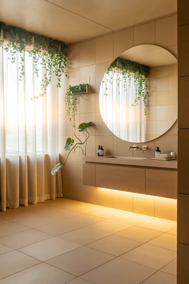 Kreative Umgestaltung eines kompakten Sanitärraums mit eleganten Möbeln, harmonischen Farben und cleveren Ideen für eine optimale Raumnutzung.