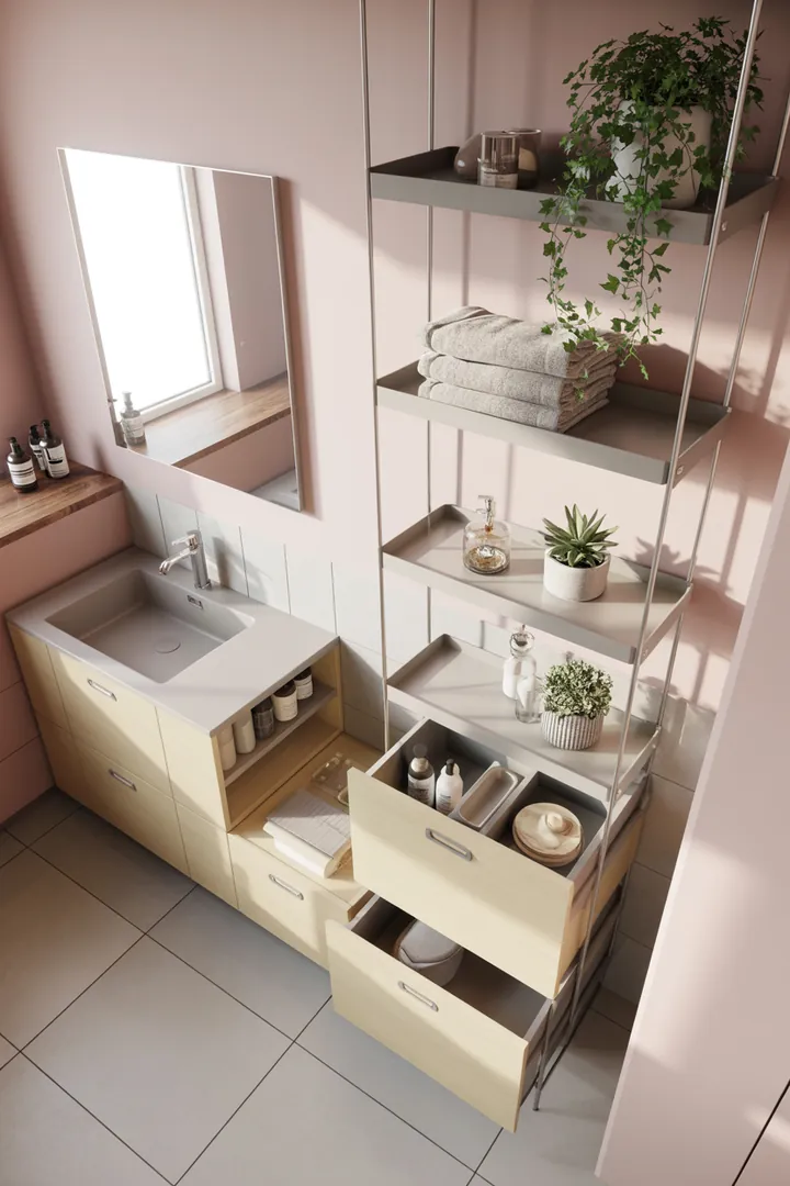 Moderne Gestaltung eines kompakten Sanitärraums mit hellen Farben, cleveren Möbeln und innovativen Lösungen für eine großzügige Atmosphäre.