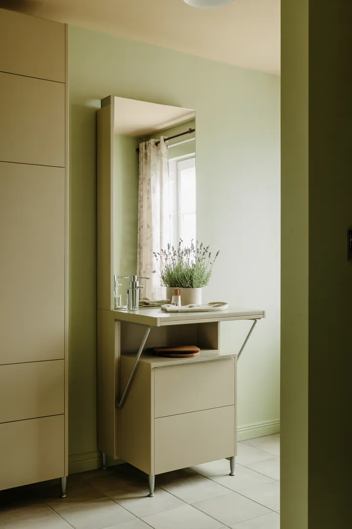 Stilvolle Gestaltung eines kompakten Raumes mit cleveren Möbeln und sanften Farbtönen, die ein Gefühl von Weite und Eleganz vermitteln.