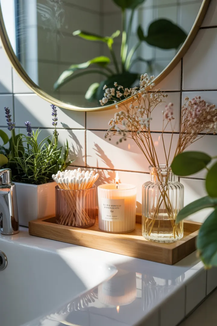 Helles, stilvolles Badezimmer mit cleveren Stauraumlösungen, eleganten Fliesen und natürlichen Farbtönen, das einen einladenden Raum für Entspannung schafft.