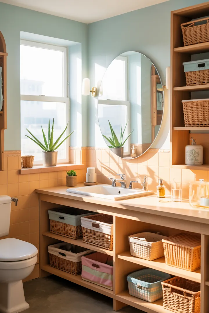Ein einladender Raum mit cleveren Gestaltungsideen, der zeigt, wie man begrenzten Platz in einem kompakten Sanitärbereich optimal nutzt und durch helle Farben und funktionale Möbel größer erscheinen lässt.