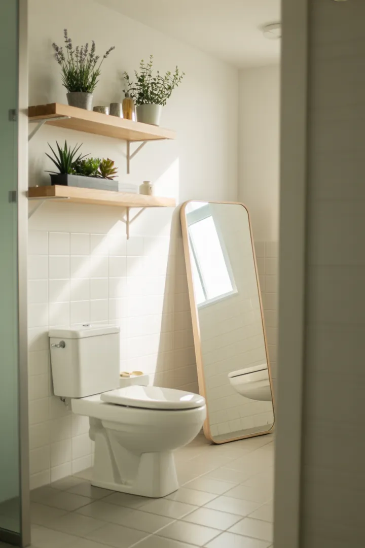 Stilvolles, kompaktes Badezimmer mit cleveren Möbeln und hellen Farbtönen, das Platz optimal nutzt und eine einladende Atmosphäre schafft. Inspirierende Gestaltungsideen für kleine Räume.