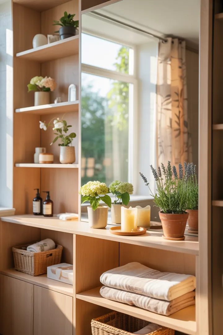 Ein stilvolles, gut geplantes Badezimmer mit hellen Farben, funktionalen Möbeln und cleveren Gestaltungsideen, die den Raum offen und einladend wirken lassen.