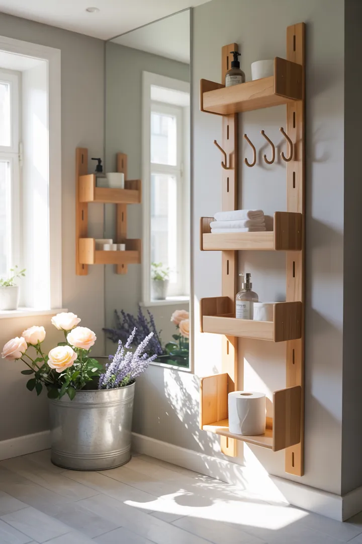 Helles, modern gestaltetes kleines Badezimmer mit optimierter Raumnutzung, cleveren Möbelstücken und natürlichen Farbnuancen für eine einladende Atmosphäre.