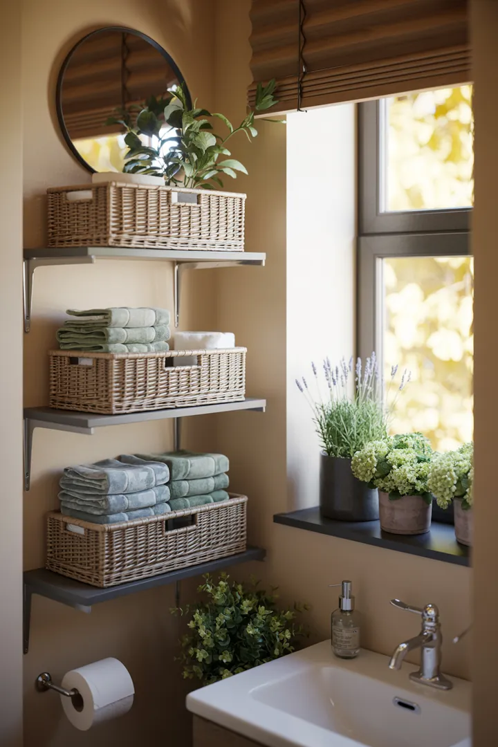 Helles, modernes Raumkonzept für eine kompakte Sanitäranlage mit cleverem Stauraum, stilvollen Akzenten und natürlichen Farbtönen, das Funktionalität und Ästhetik vereint.