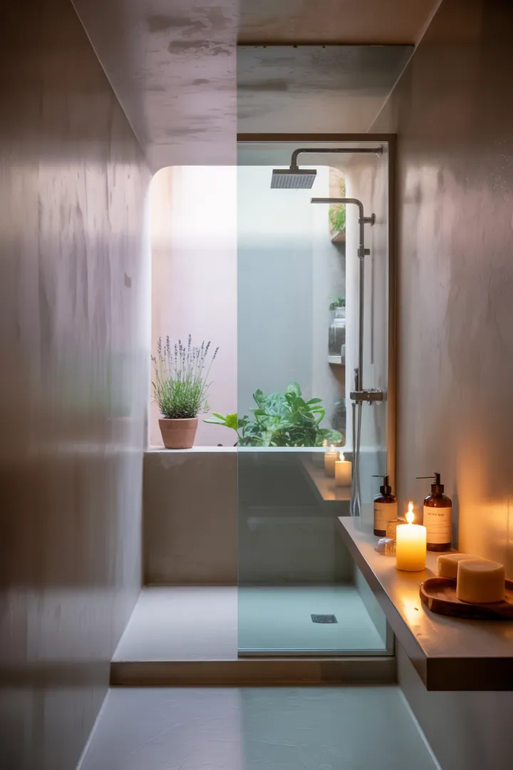 Ein stilvolles, kompaktes Badezimmer mit cleveren Möbelstücken und hellen Farben, das Raum optimal nutzt und eine einladende Atmosphäre schafft.